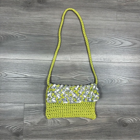 Handmade Crochet Shoulder Bag Green Gray Textured Knit Y2K Artisan Purse - Picture 1 of 5